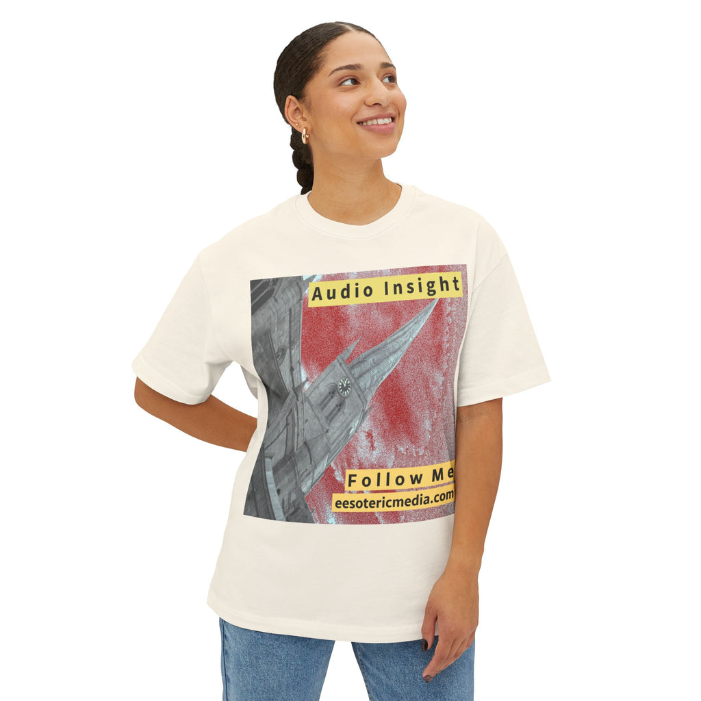 'Follow Me' (Audio Insight) Weathered Rocket-Shaped Spire Design Oversize Boxy T-Shirt
