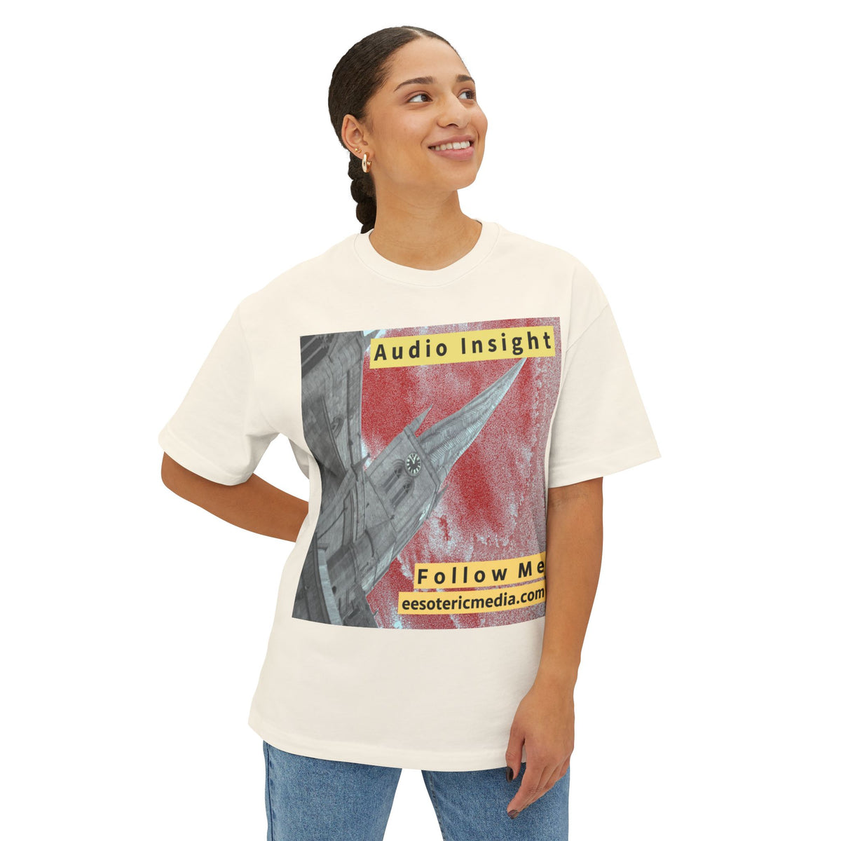 'Follow Me' (Audio Insight) Weathered Rocket-Shaped Spire Design Oversize Boxy T-Shirt