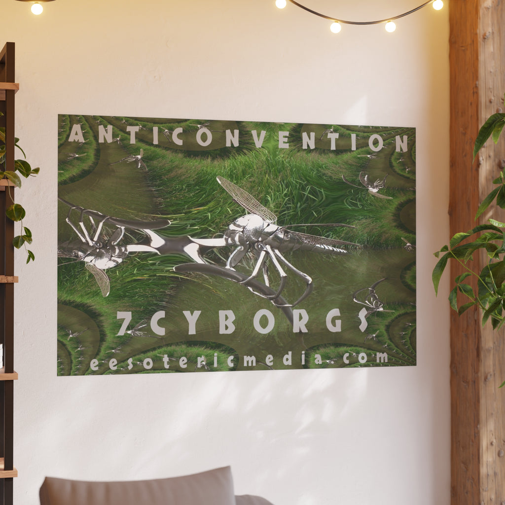 «Anticonvention» (7Cyborgs) Lámina artística gráfica con una libélula futurista de efecto cromado, gran formato, 150 × 100 cm