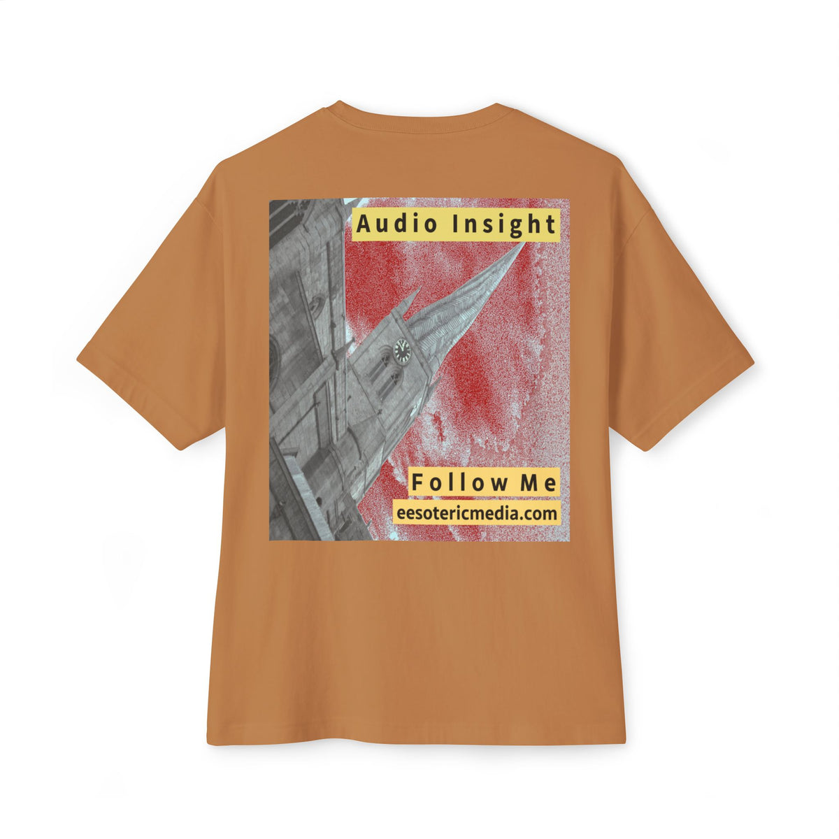 'Follow Me' (Audio Insight) Weathered Rocket-Shaped Spire Design Oversize Boxy T-Shirt