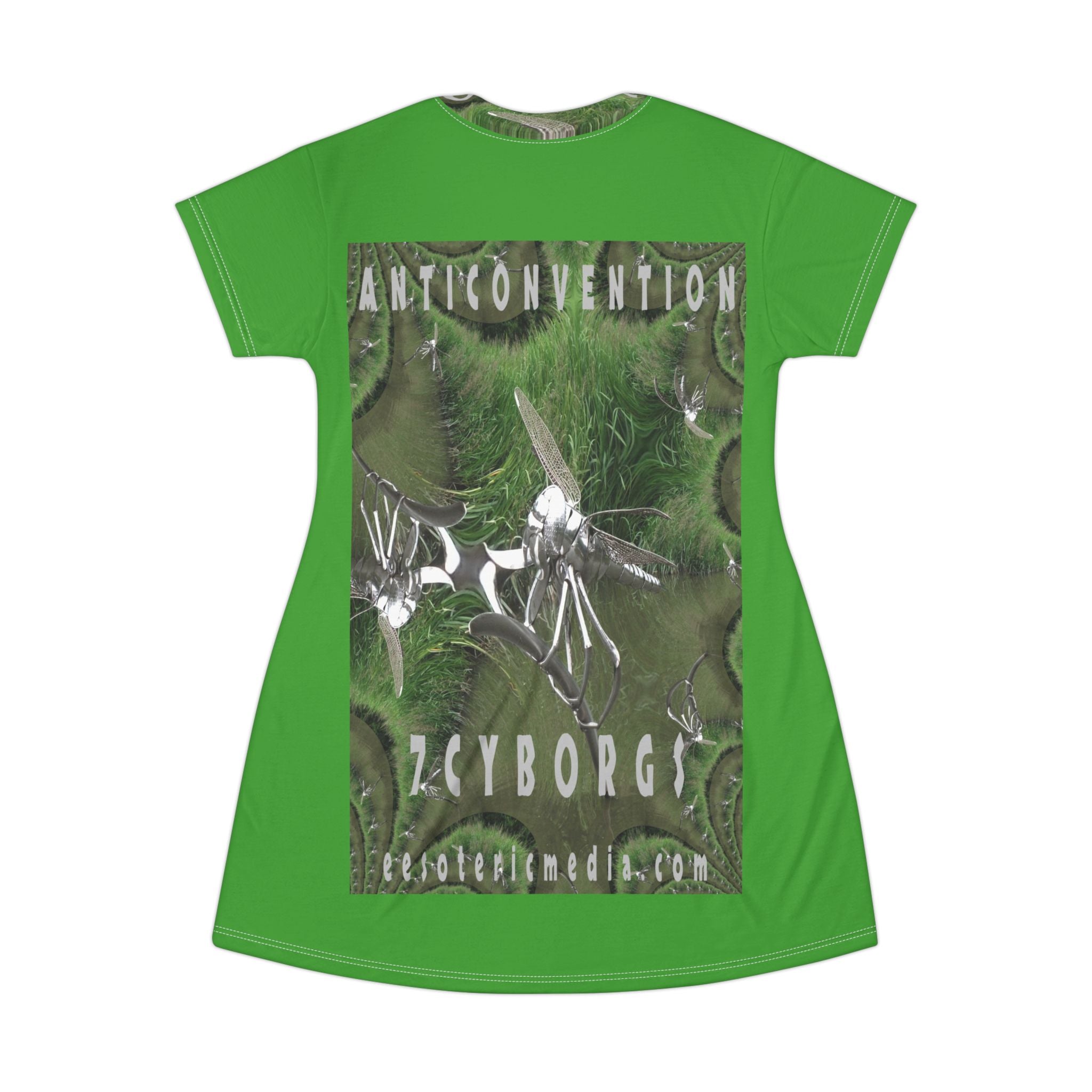 'Anticonvention' (7Cyborgs) Futuristic Dragonfly Graphic Green T-Dress
