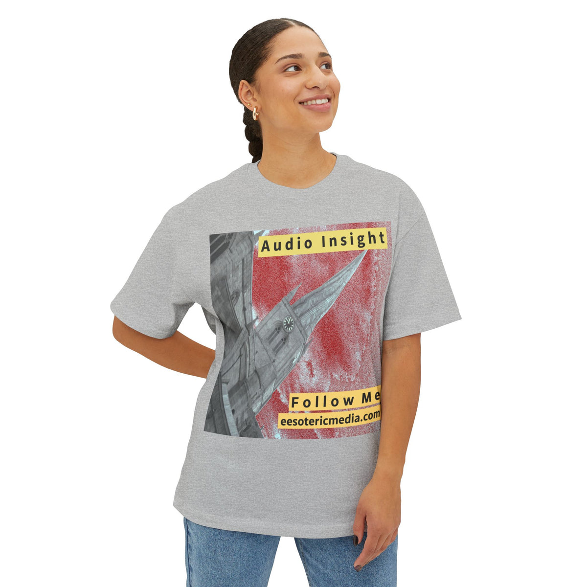 'Follow Me' (Audio Insight) Weathered Rocket-Shaped Spire Design Oversize Boxy T-Shirt