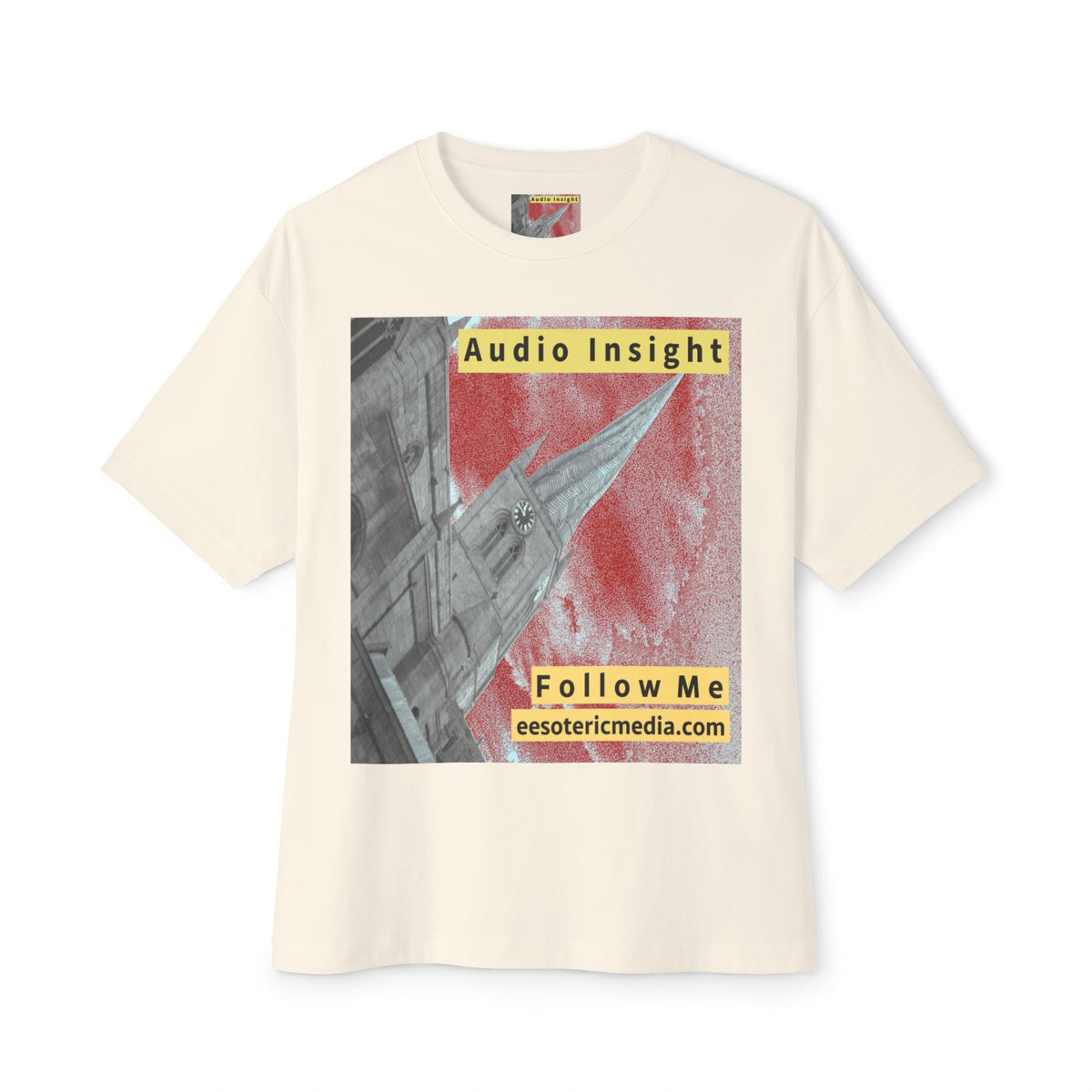 'Follow Me' (Audio Insight) Weathered Rocket-Shaped Spire Design Oversize Boxy T-Shirt
