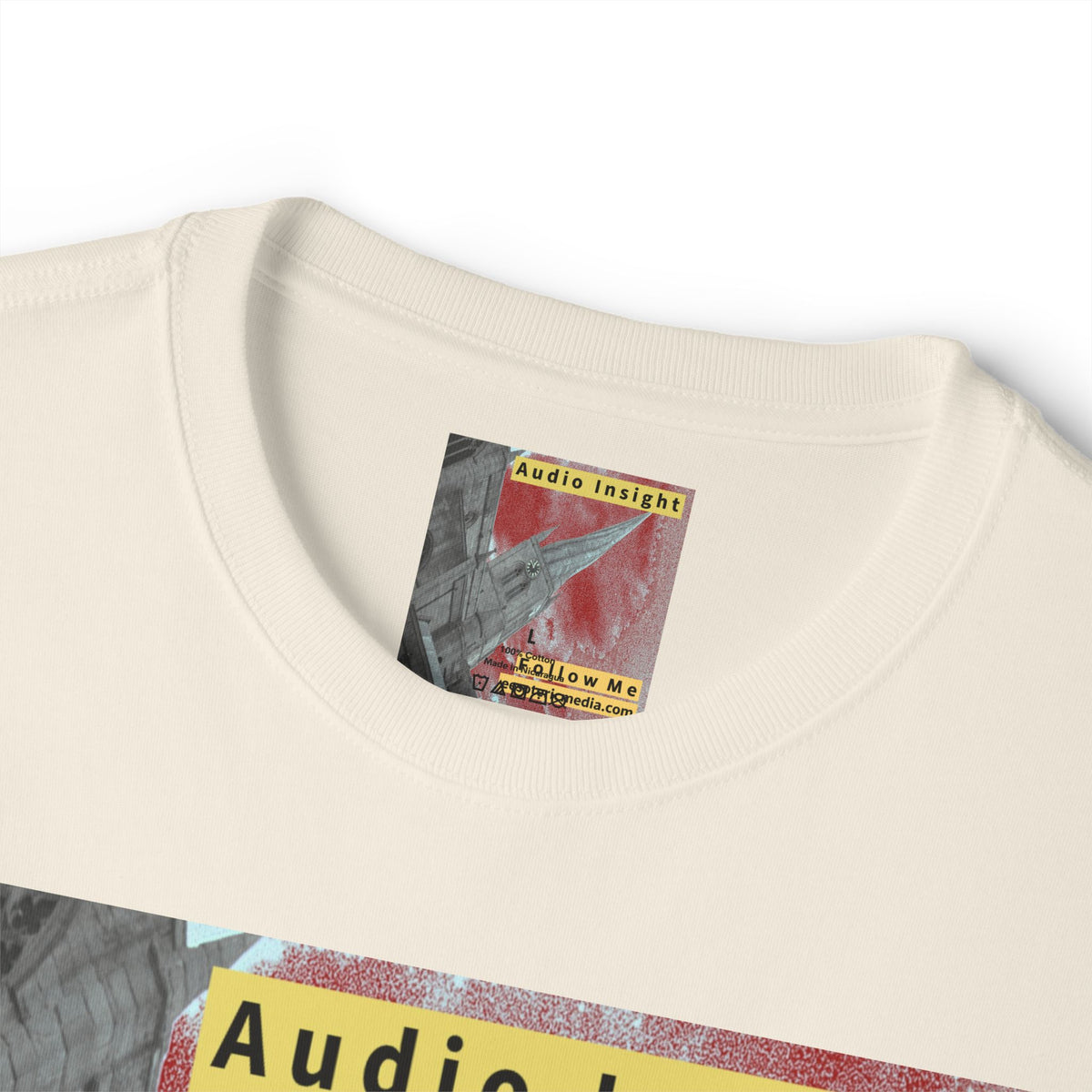 'Follow Me' (Audio Insight) Weathered Rocket-Shaped Spire Design Oversize Boxy T-Shirt