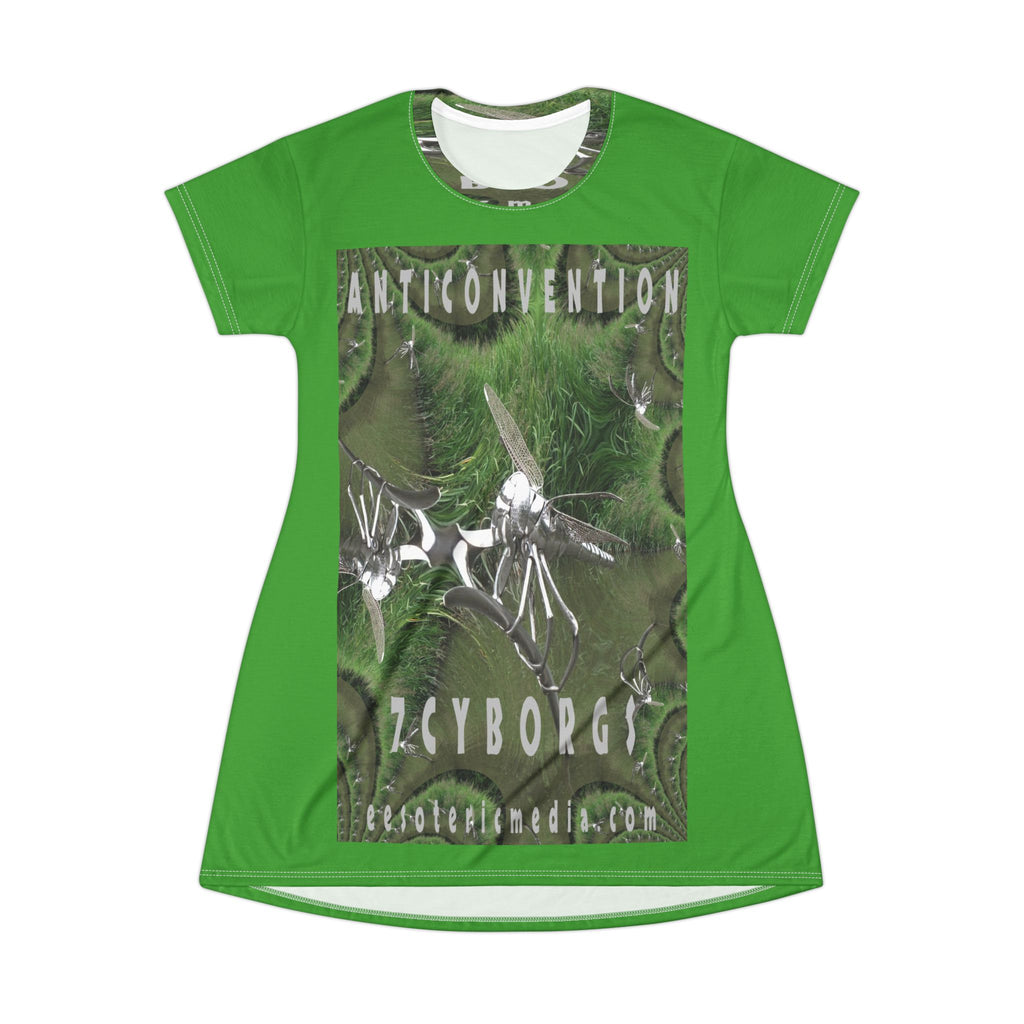 'Anticonvention' (7Cyborgs) Futuristic Dragonfly Graphic Green T-Dress