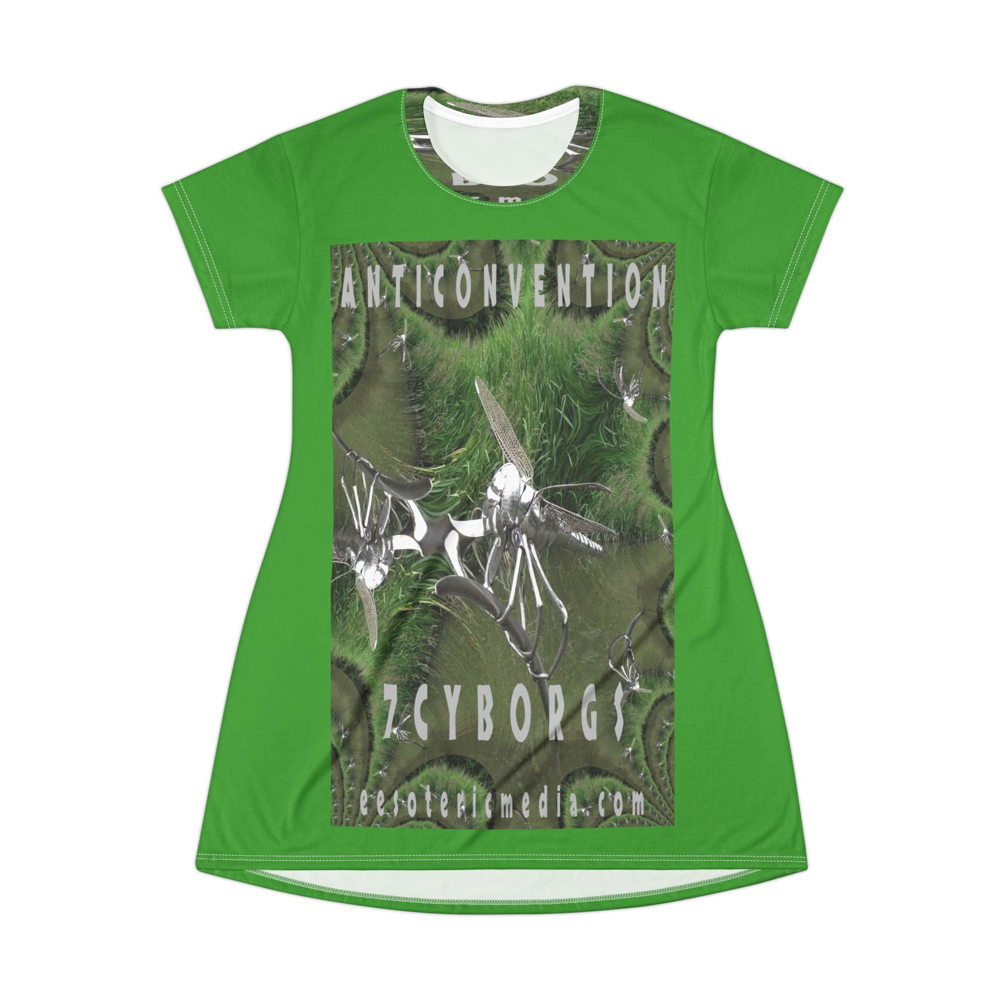'Anticonvention' (7Cyborgs) Futuristic Dragonfly Graphic Green T-Dress