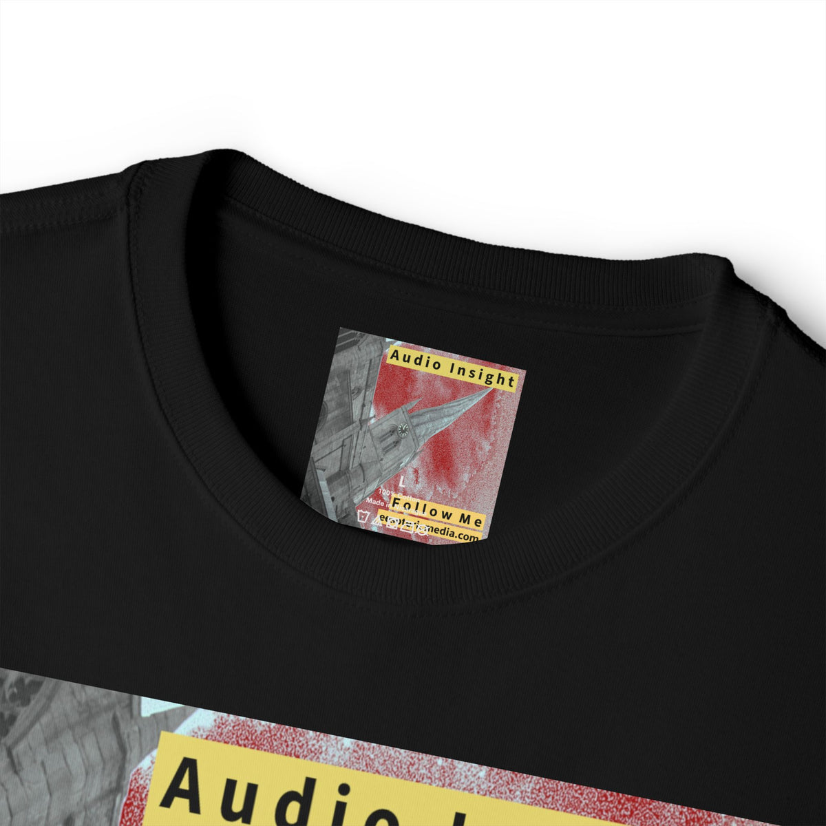 'Follow Me' (Audio Insight) Weathered Rocket-Shaped Spire Design Oversize Boxy T-Shirt