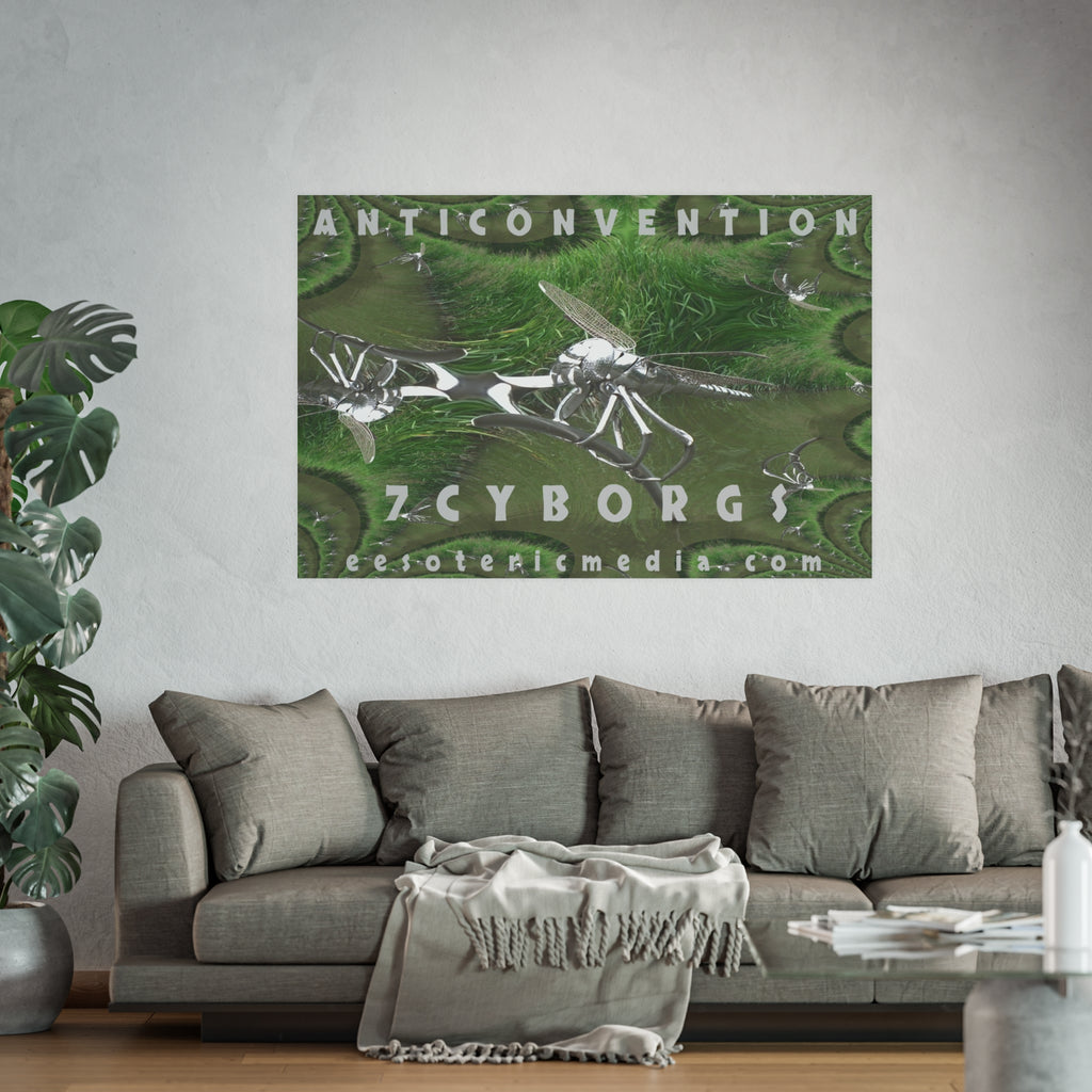 «Anticonvention» (7Cyborgs) Lámina artística gráfica con una libélula futurista de efecto cromado, gran formato, 150 × 100 cm