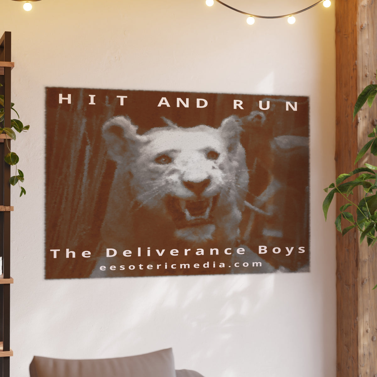 「Hit and Run」 (The Deliverance Boys) 白いライオンのアートプリント（大判）、150 × 100 cm