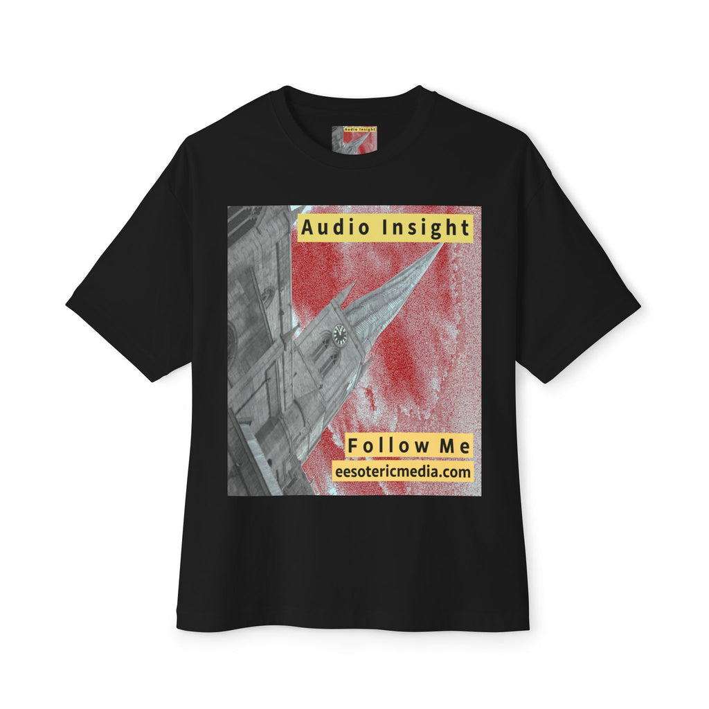 'Follow Me' (Audio Insight) Weathered Rocket-Shaped Spire Design Oversize Boxy T-Shirt