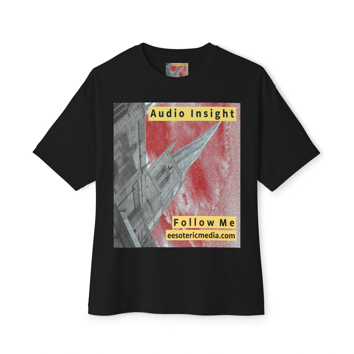 'Follow Me' (Audio Insight) Weathered Rocket-Shaped Spire Design Oversize Boxy T-Shirt