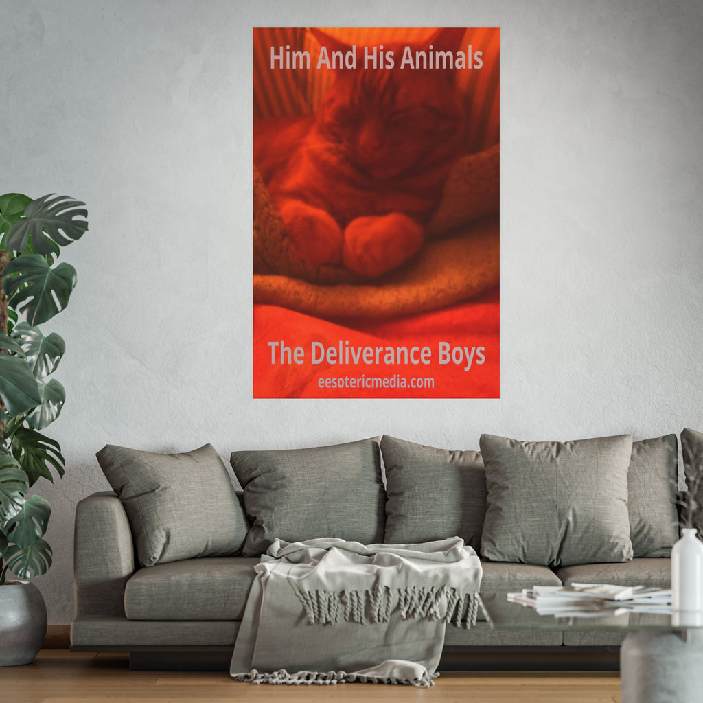 「Him And His Animals」 (PersonaU) 赤とオレンジのシュールなネコ科動物のアートプリント（大判）、100 × 150 cm