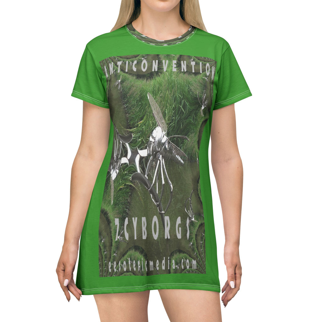 'Anticonvention' (7Cyborgs) Futuristic Dragonfly Graphic Green T-Dress