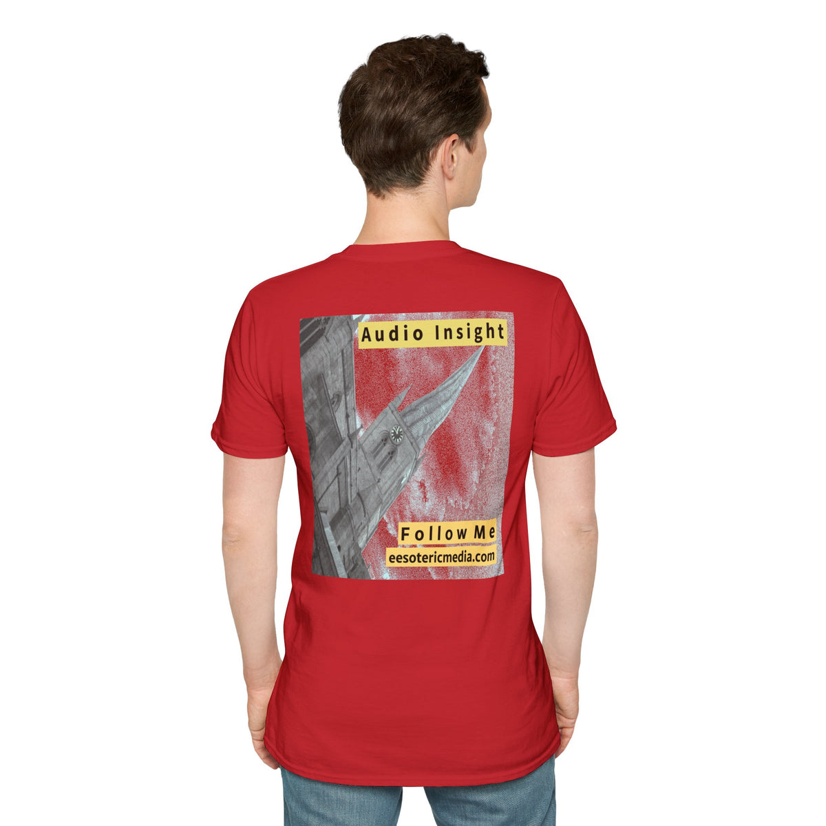 'Follow Me' (Audio Insight) Weathered Rocket-Shaped Spire Design Softstyle T-Shirt