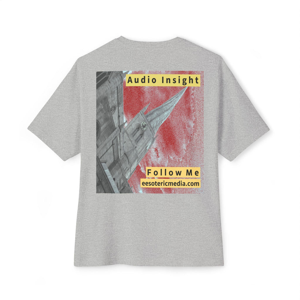'Follow Me' (Audio Insight) Weathered Rocket-Shaped Spire Design Oversize Boxy T-Shirt