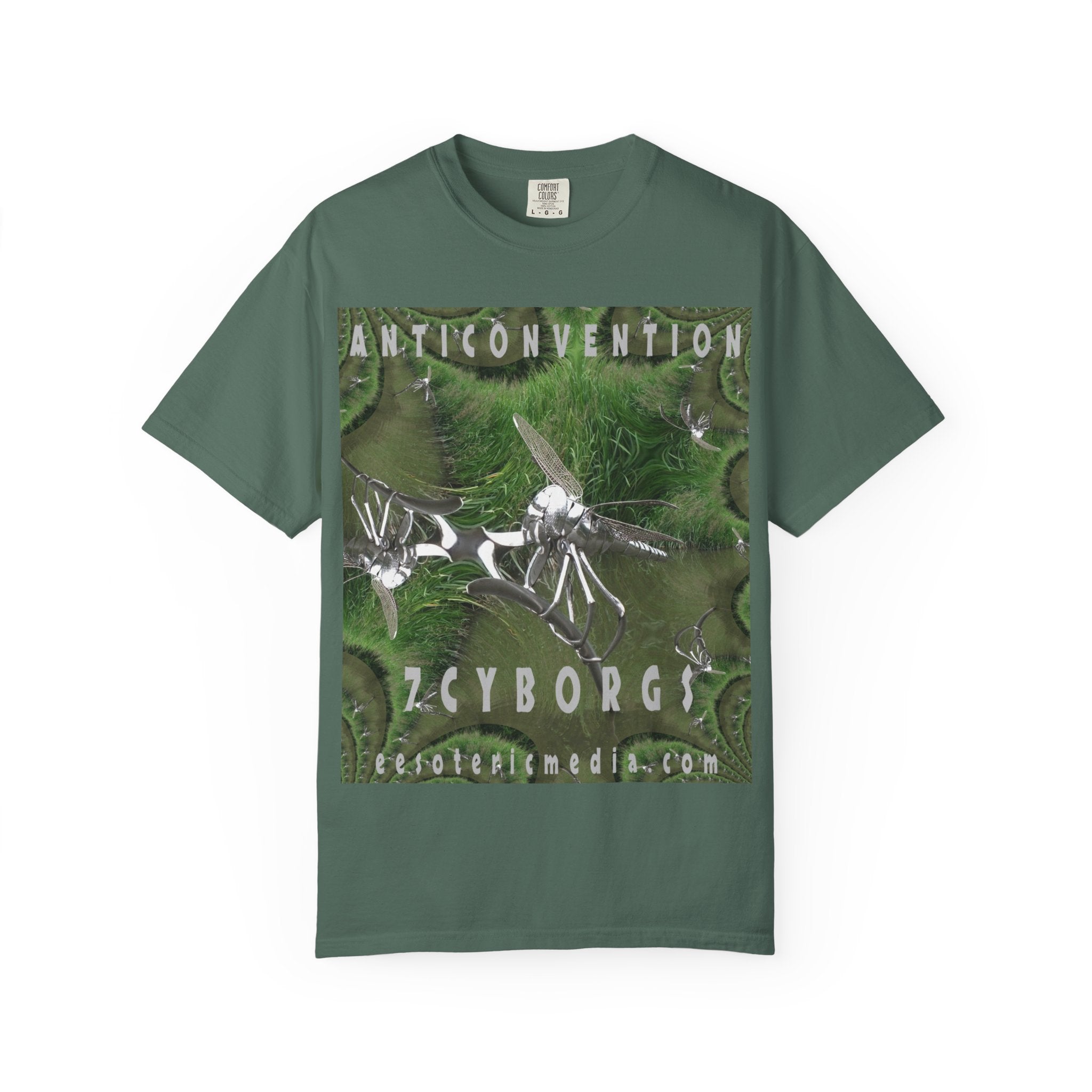 'Anticonvention' (7Cyborgs) Chrome Futuristic Dragonfly Graphic Unisex Garment-Dyed T-Shirt