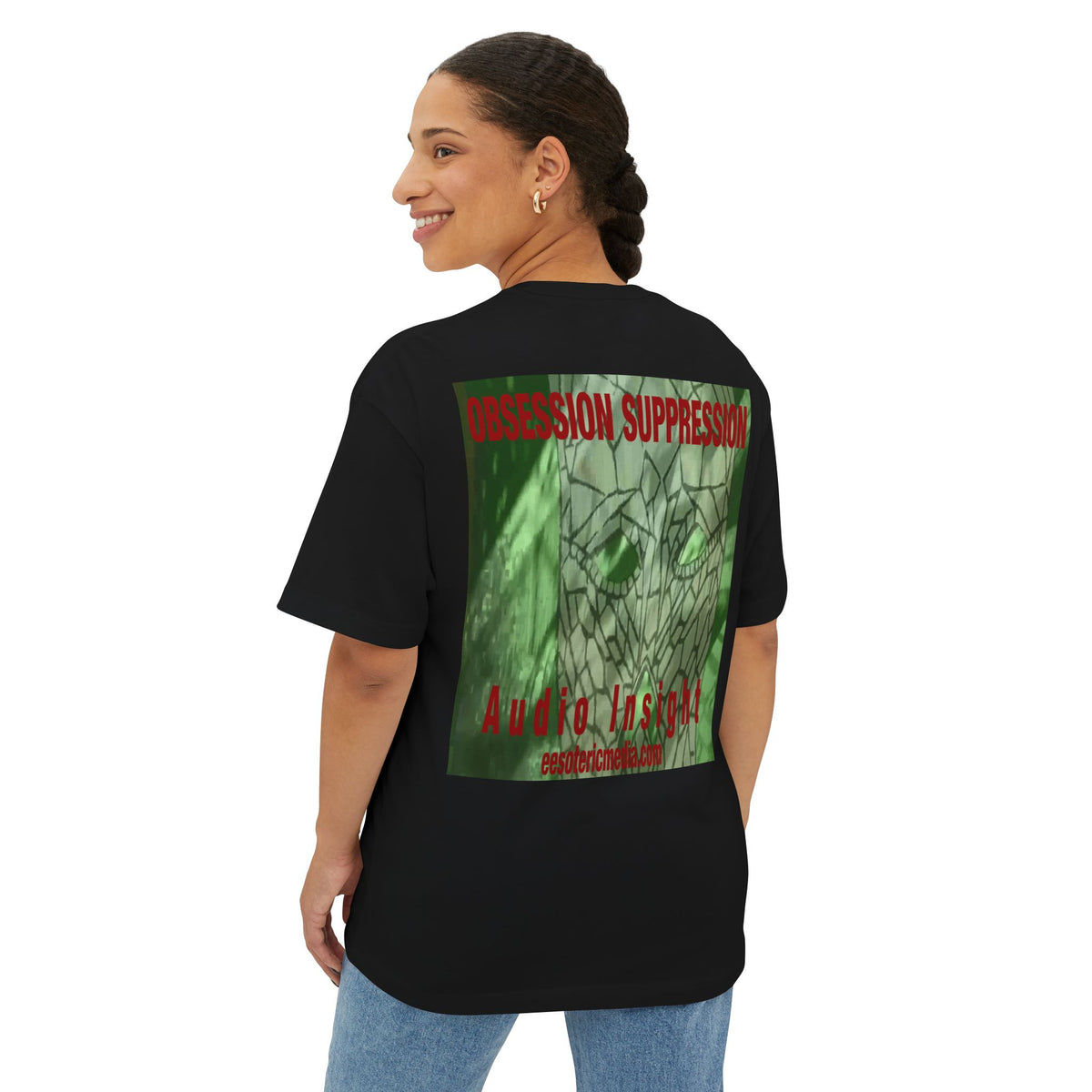 T-shirt oversize à coupe carrée avec motif tête de mort rétro science-fiction « Obsession Suppression » (Audio Insight)