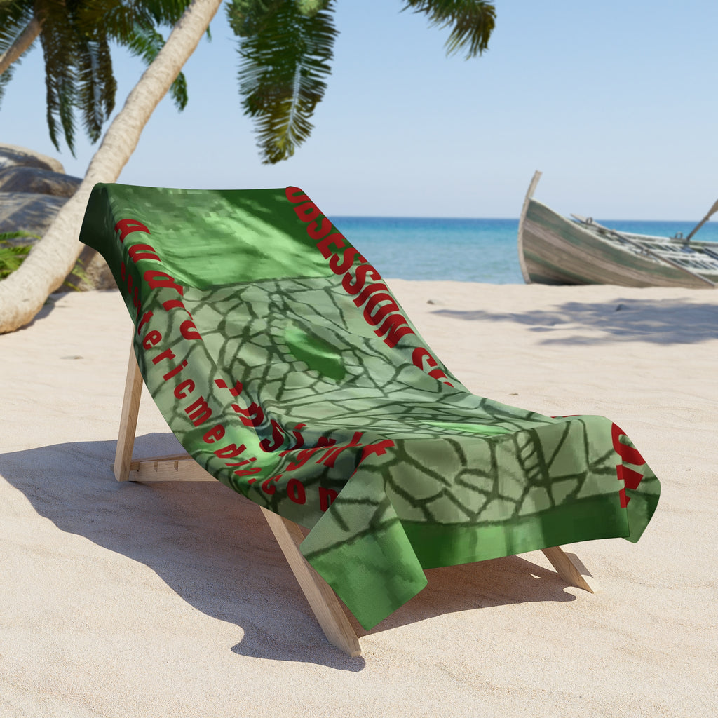 Large 'Obsession Suppression' (Audio Insight) Retro Sci Fi Green Mosaic Skull Beach Towel 72"x36" (180cm x 90cm)