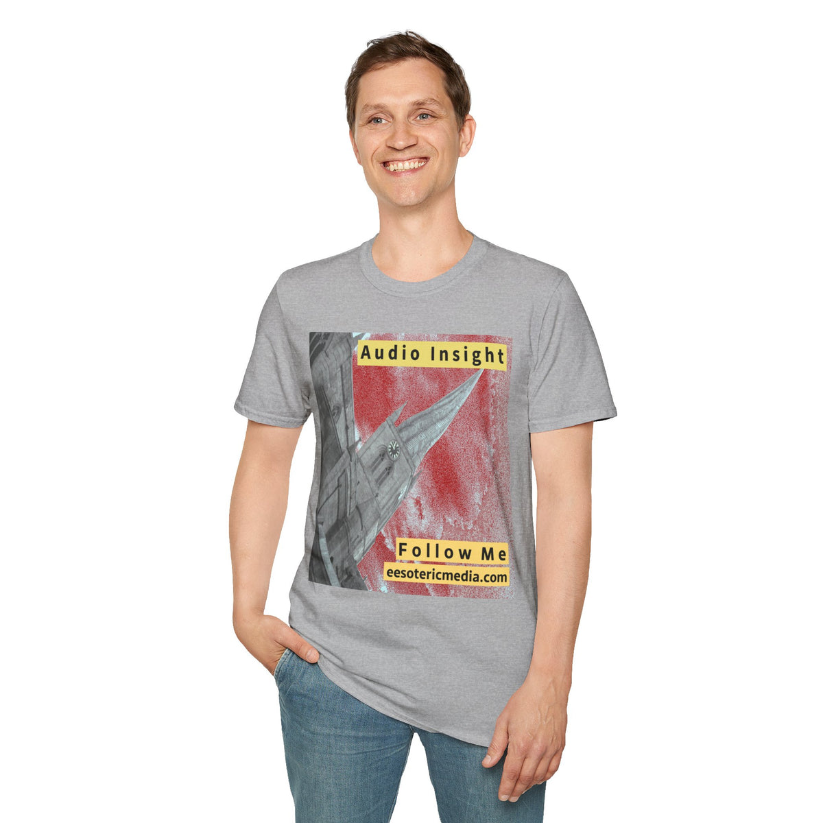 'Follow Me' (Audio Insight) Weathered Rocket-Shaped Spire Design Softstyle T-Shirt