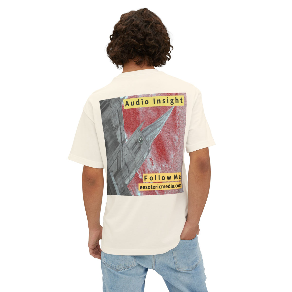 'Follow Me' (Audio Insight) Weathered Rocket-Shaped Spire Design Oversize Boxy T-Shirt