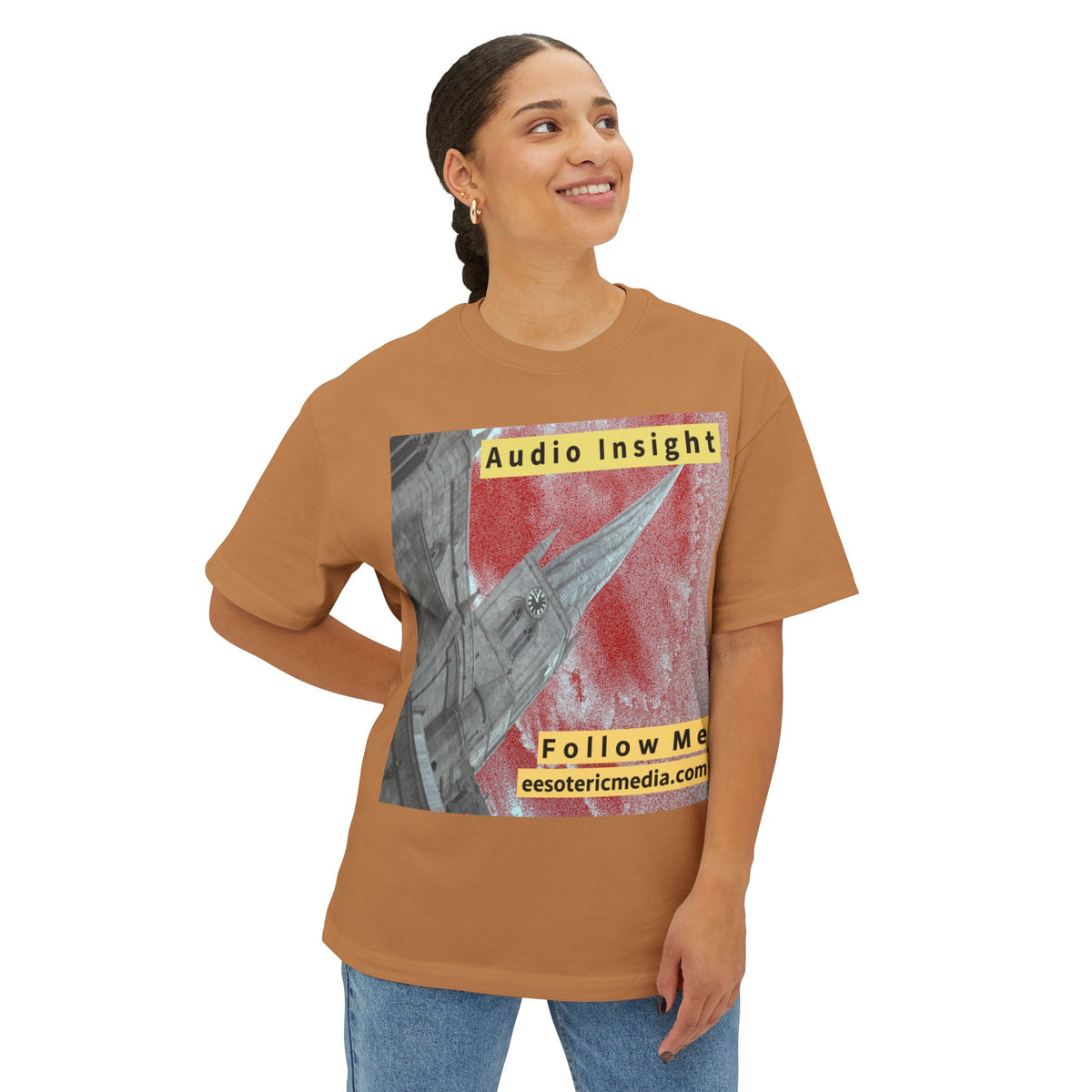 'Follow Me' (Audio Insight) Weathered Rocket-Shaped Spire Design Oversize Boxy T-Shirt
