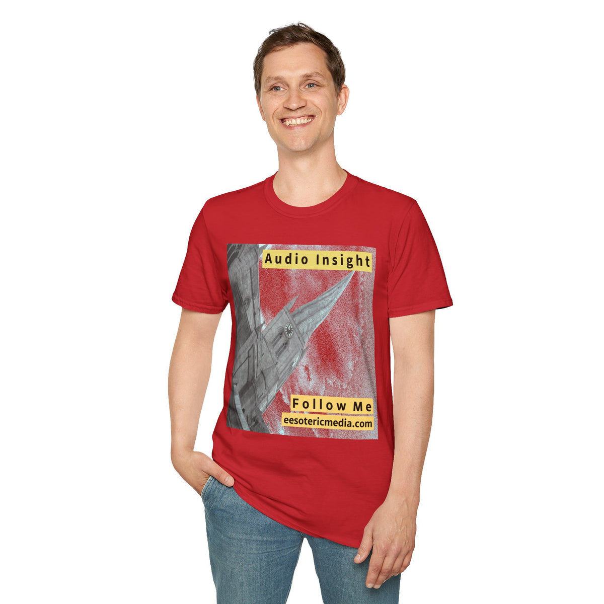 'Follow Me' (Audio Insight) Weathered Rocket-Shaped Spire Design Softstyle T-Shirt