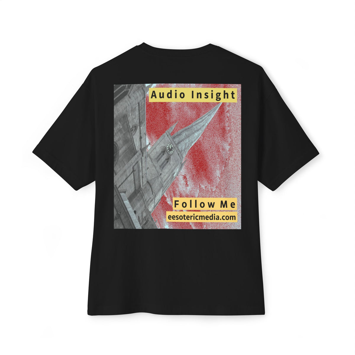 'Follow Me' (Audio Insight) Weathered Rocket-Shaped Spire Design Oversize Boxy T-Shirt