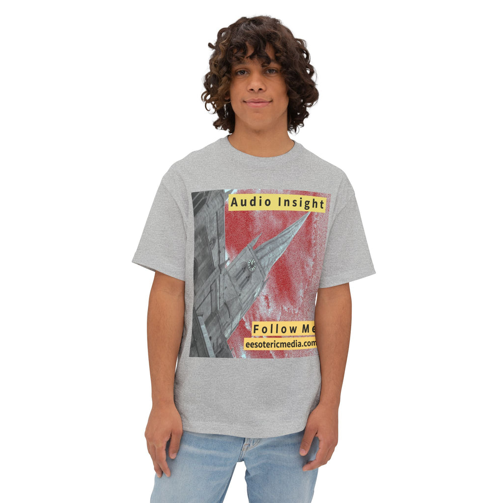'Follow Me' (Audio Insight) Weathered Rocket-Shaped Spire Design Oversize Boxy T-Shirt