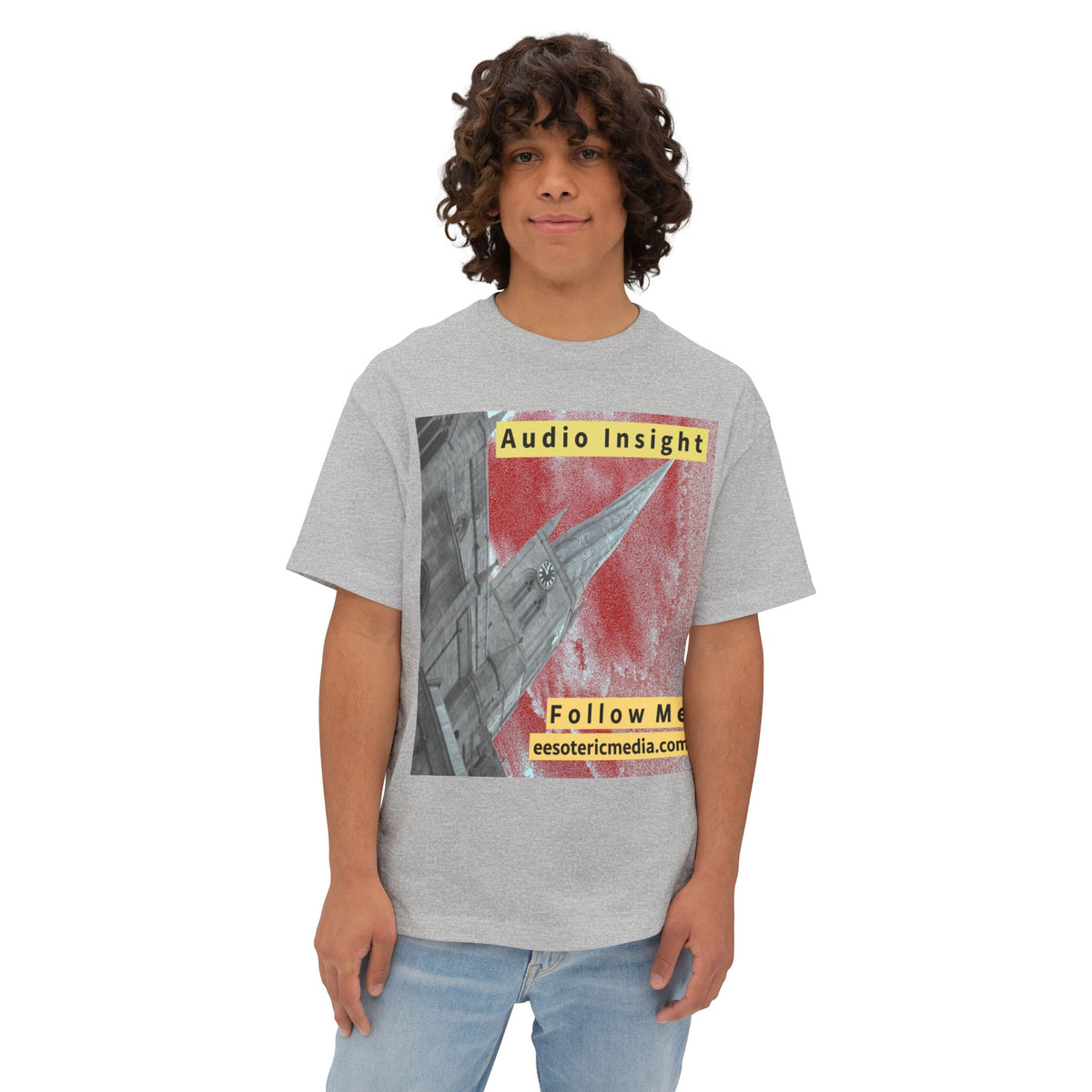 'Follow Me' (Audio Insight) Weathered Rocket-Shaped Spire Design Oversize Boxy T-Shirt