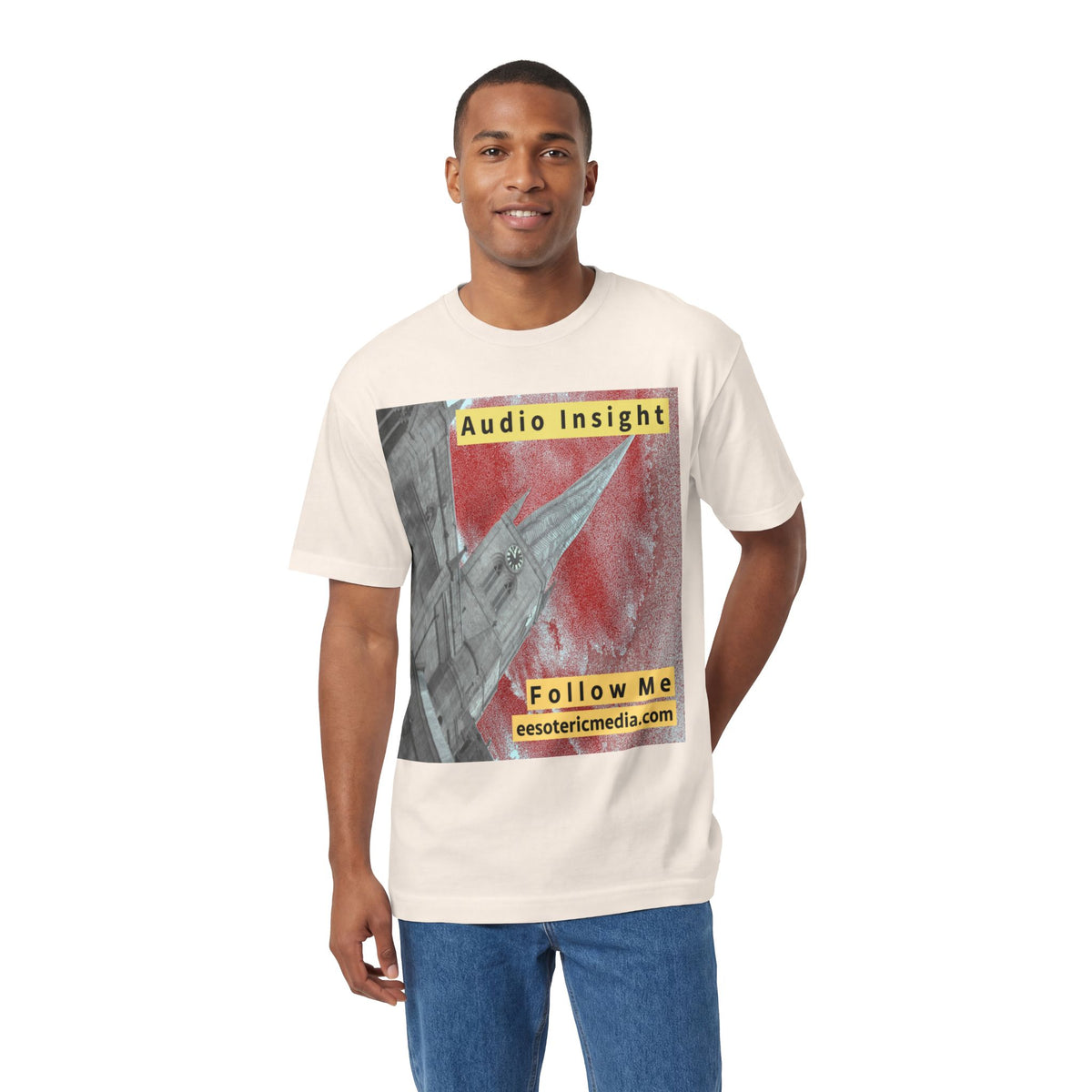 'Follow Me' (Audio Insight) Weathered Rocket-Shaped Spire Design Classic Fit T-Shirt