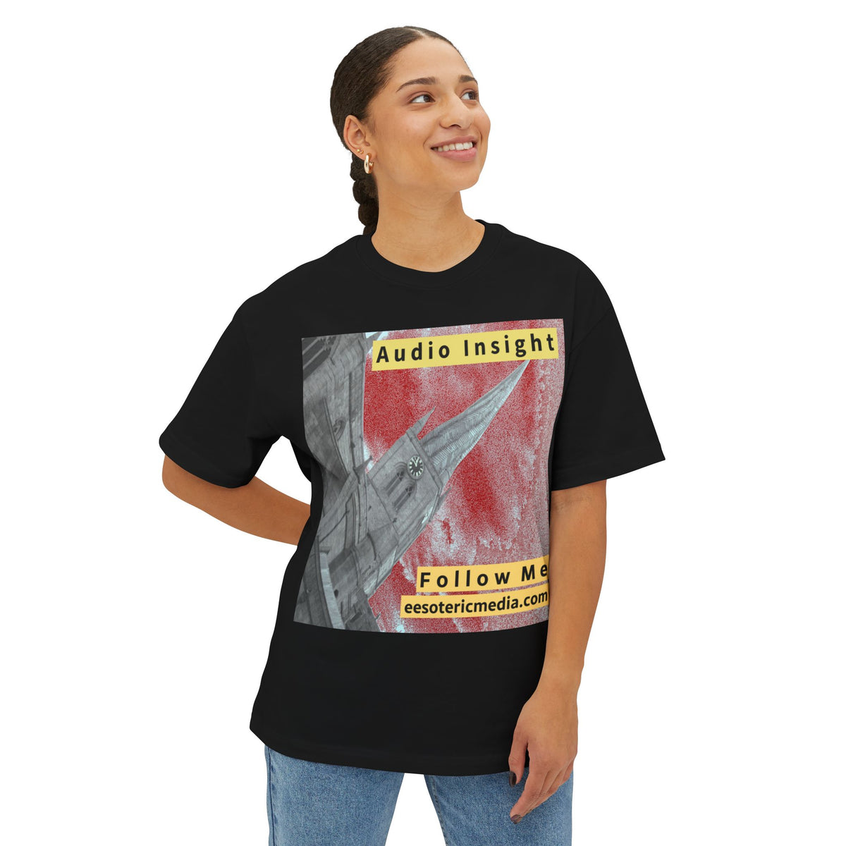 'Follow Me' (Audio Insight) Weathered Rocket-Shaped Spire Design Oversize Boxy T-Shirt