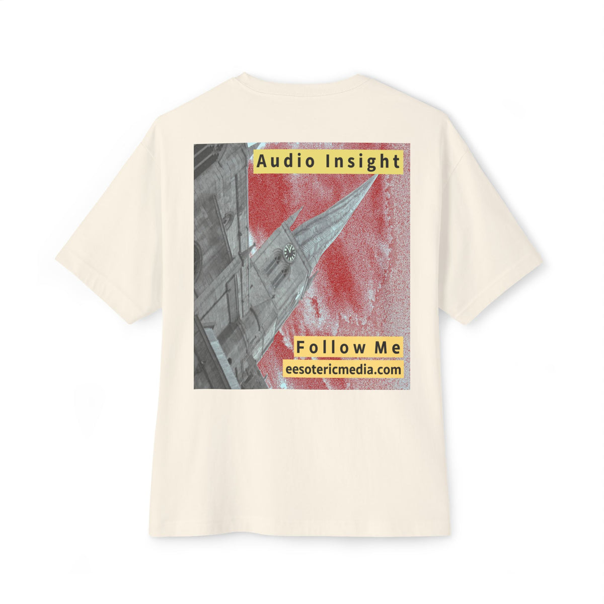 'Follow Me' (Audio Insight) Weathered Rocket-Shaped Spire Design Oversize Boxy T-Shirt