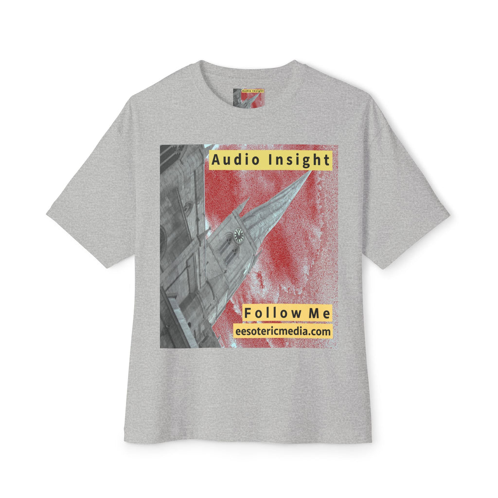 'Follow Me' (Audio Insight) Weathered Rocket-Shaped Spire Design Oversize Boxy T-Shirt