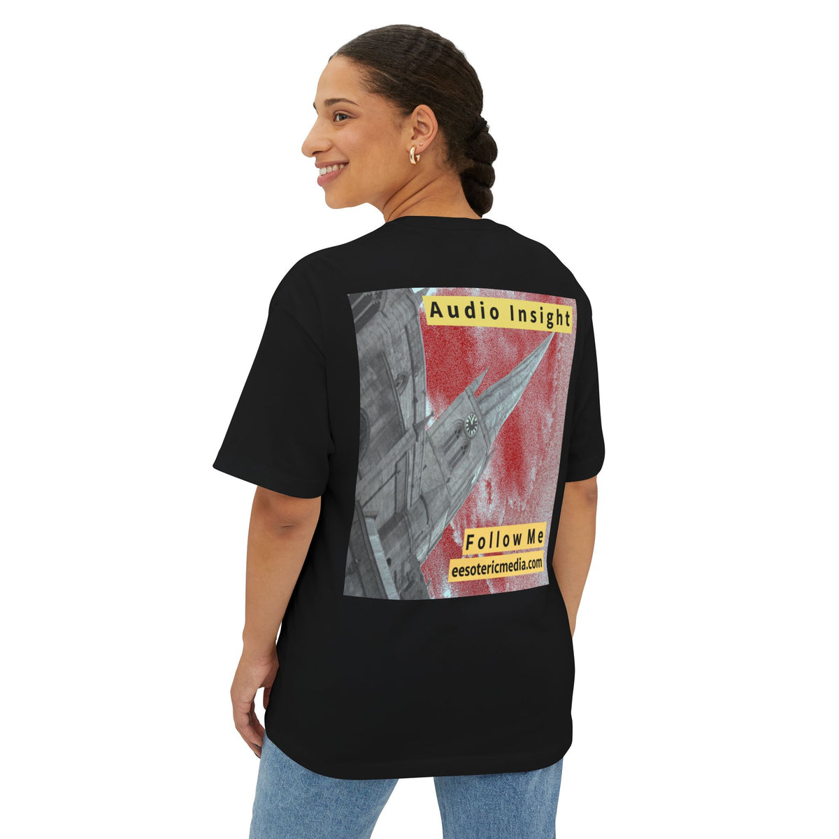 'Follow Me' (Audio Insight) Weathered Rocket-Shaped Spire Design Oversize Boxy T-Shirt