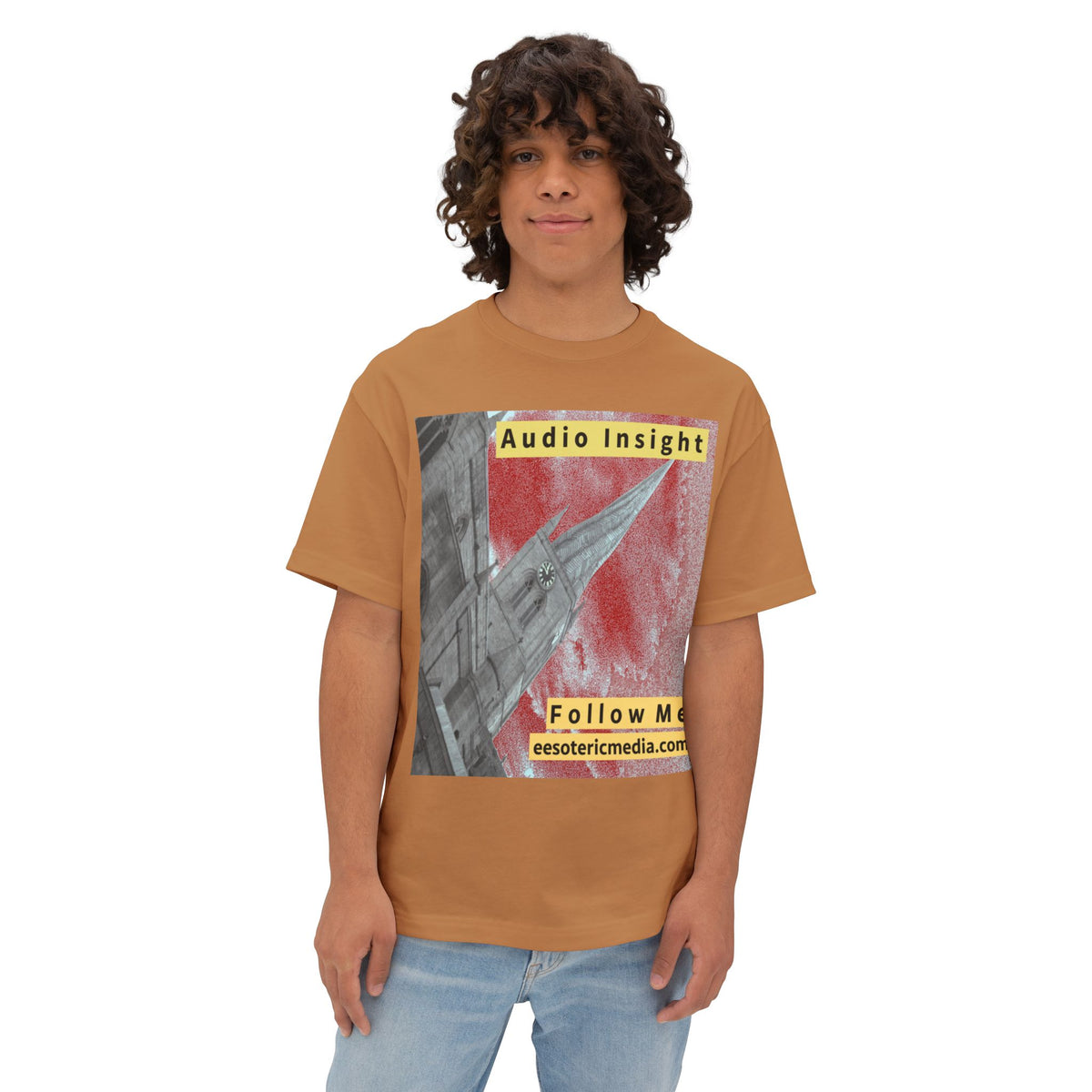 'Follow Me' (Audio Insight) Weathered Rocket-Shaped Spire Design Oversize Boxy T-Shirt