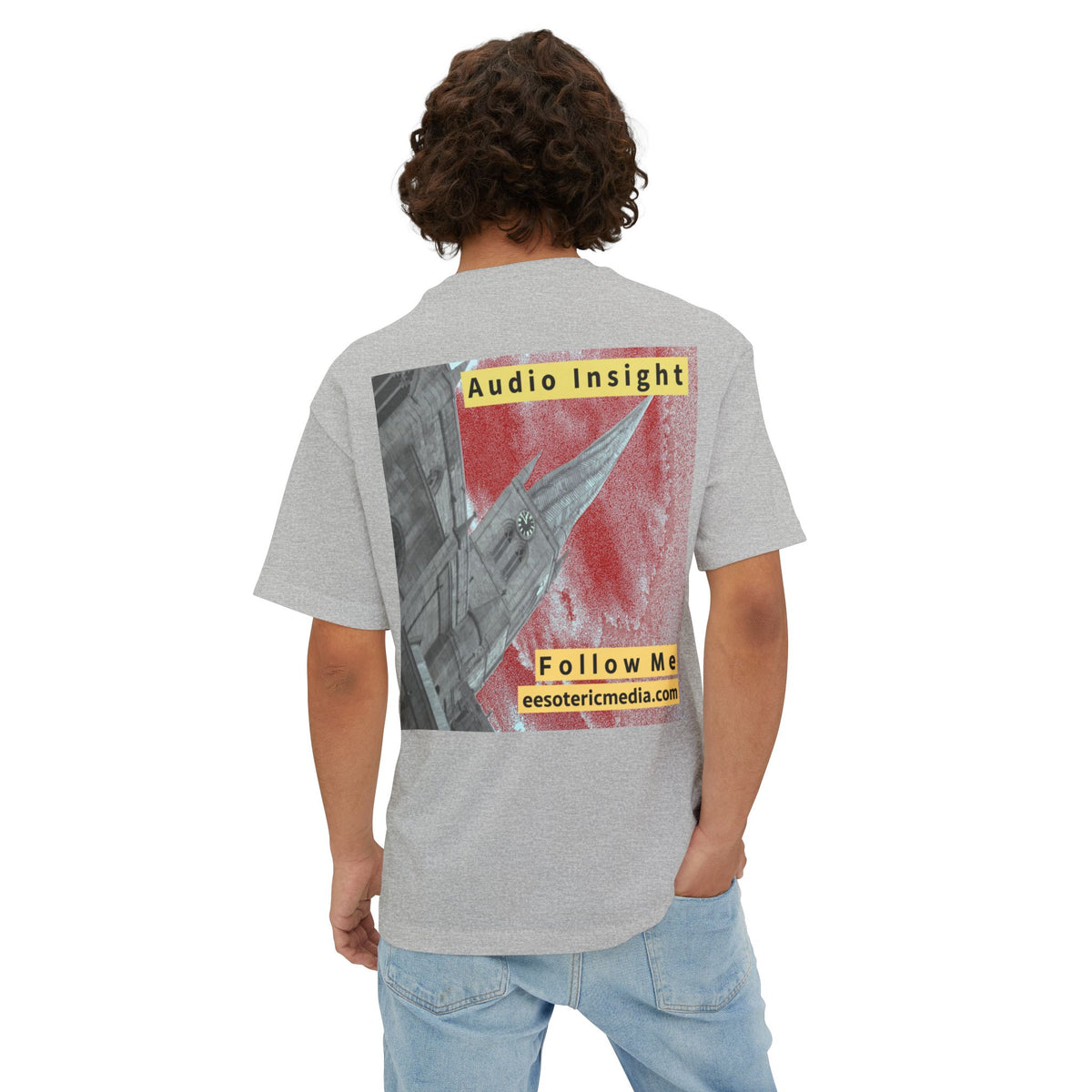 'Follow Me' (Audio Insight) Weathered Rocket-Shaped Spire Design Oversize Boxy T-Shirt