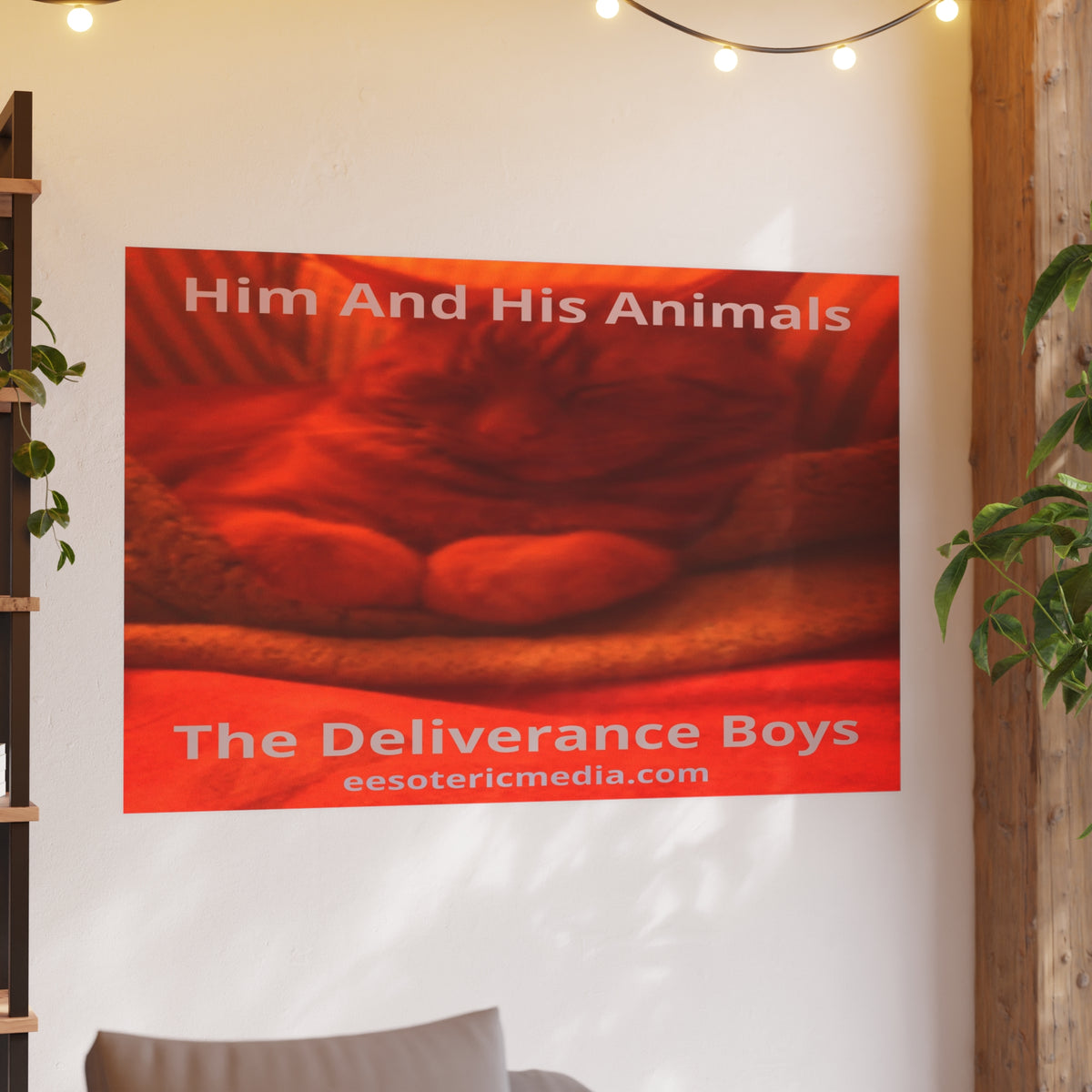 बड़े आकार का 'Him And His Animals' (PersonaU) लाल/नारंगी अतियथार्थवादी बिल्ली का कला प्रिंट 60"x40" (150cm x 100cm)