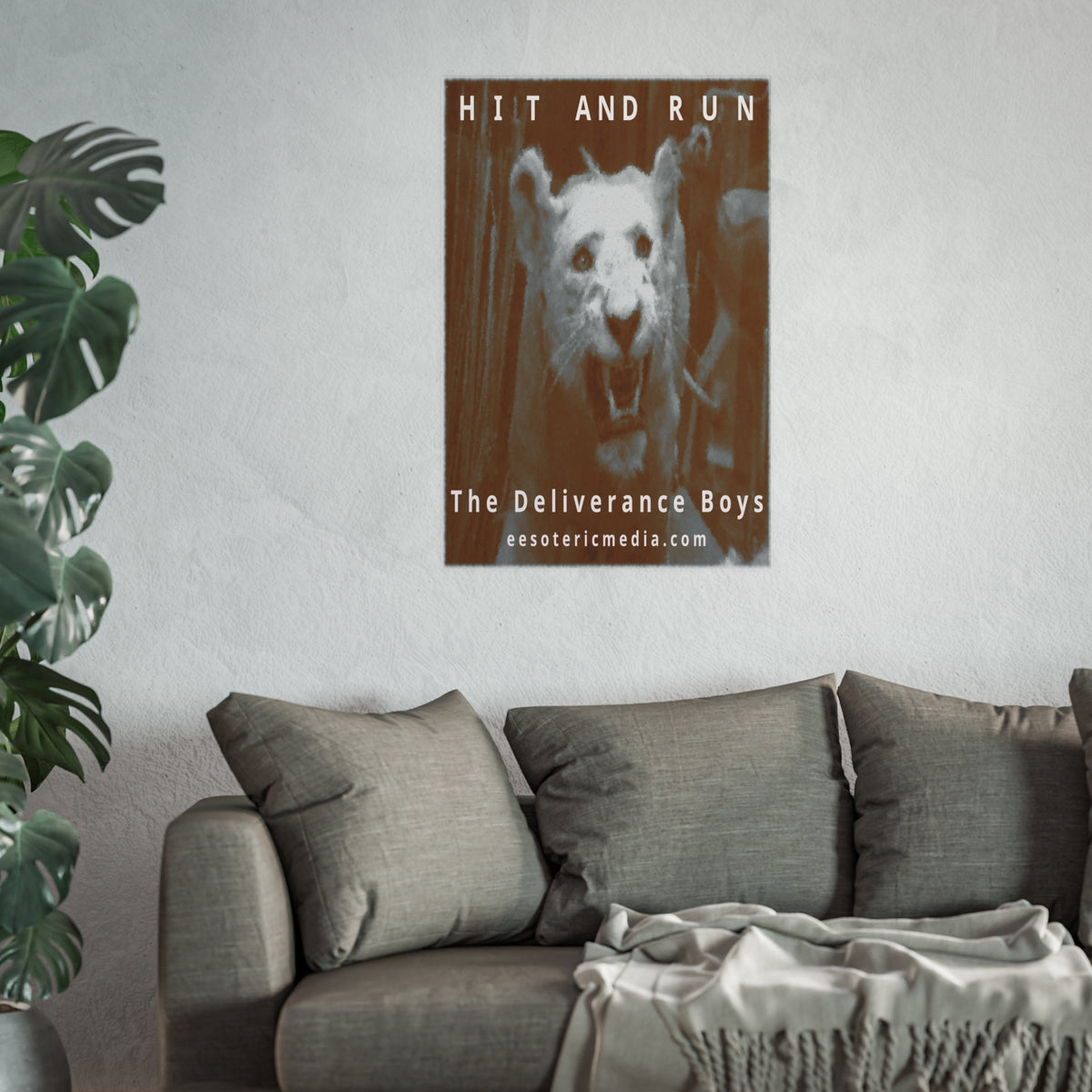 「Hit and Run」 (The Deliverance Boys) 白いライオンのアートプリント、60 × 90 cm