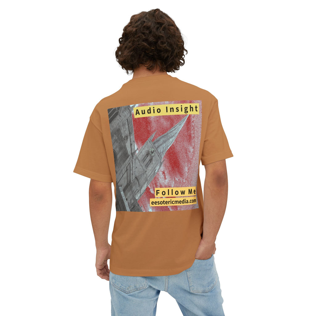 'Follow Me' (Audio Insight) Weathered Rocket-Shaped Spire Design Oversize Boxy T-Shirt