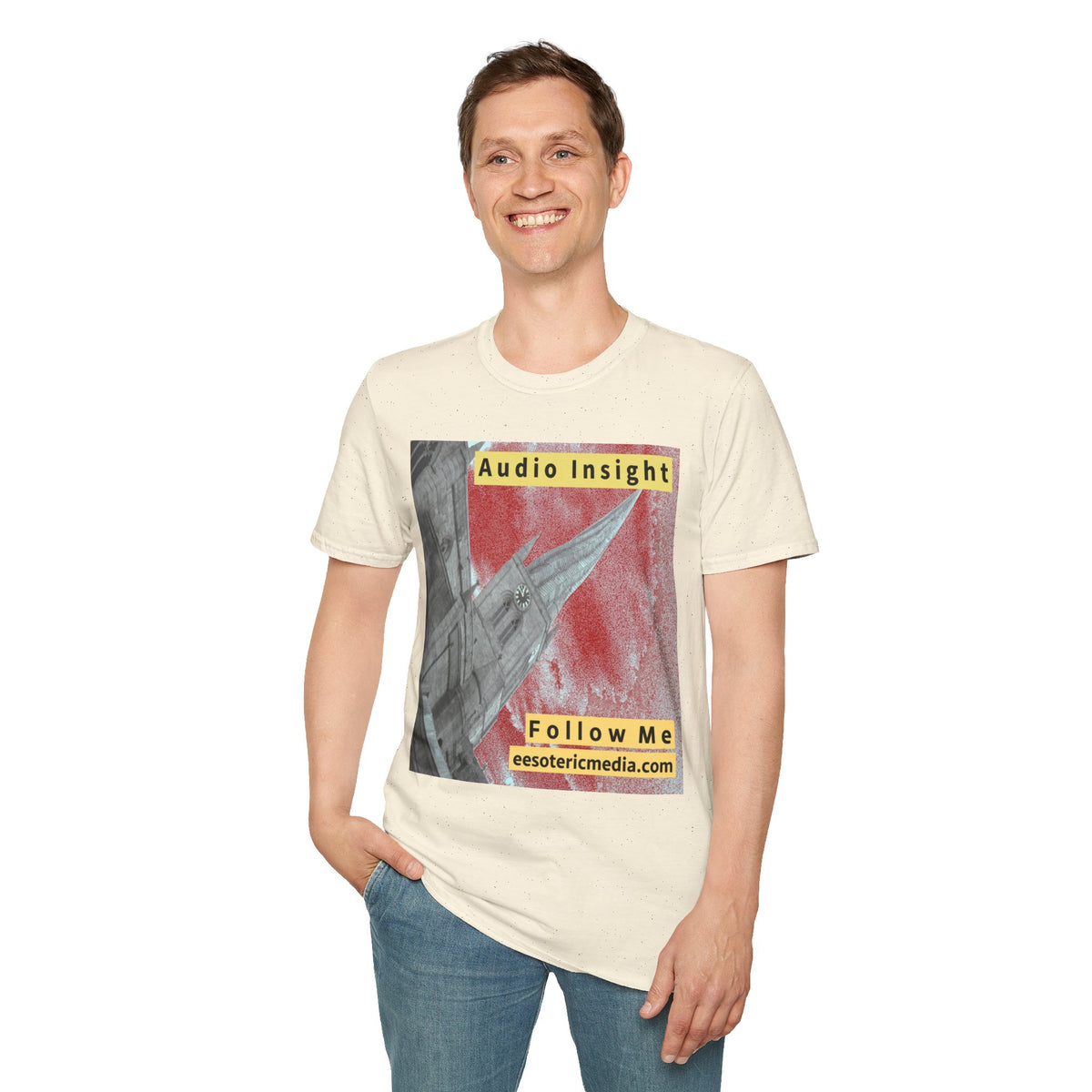 'Follow Me' (Audio Insight) Weathered Rocket-Shaped Spire Design Softstyle T-Shirt