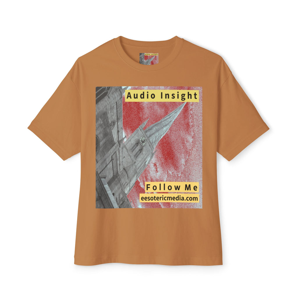 'Follow Me' (Audio Insight) Weathered Rocket-Shaped Spire Design Oversize Boxy T-Shirt