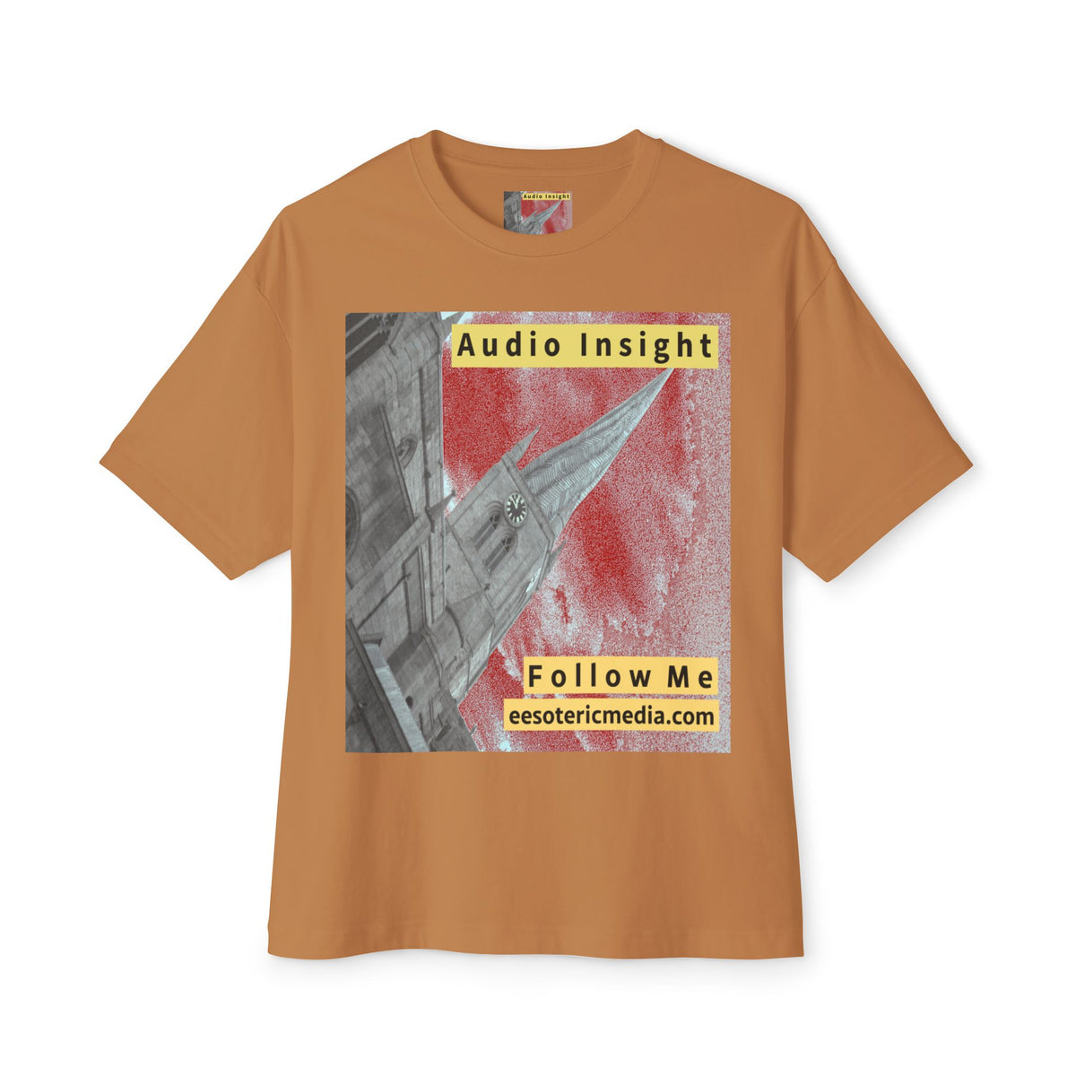 'Follow Me' (Audio Insight) Weathered Rocket-Shaped Spire Design Oversize Boxy T-Shirt