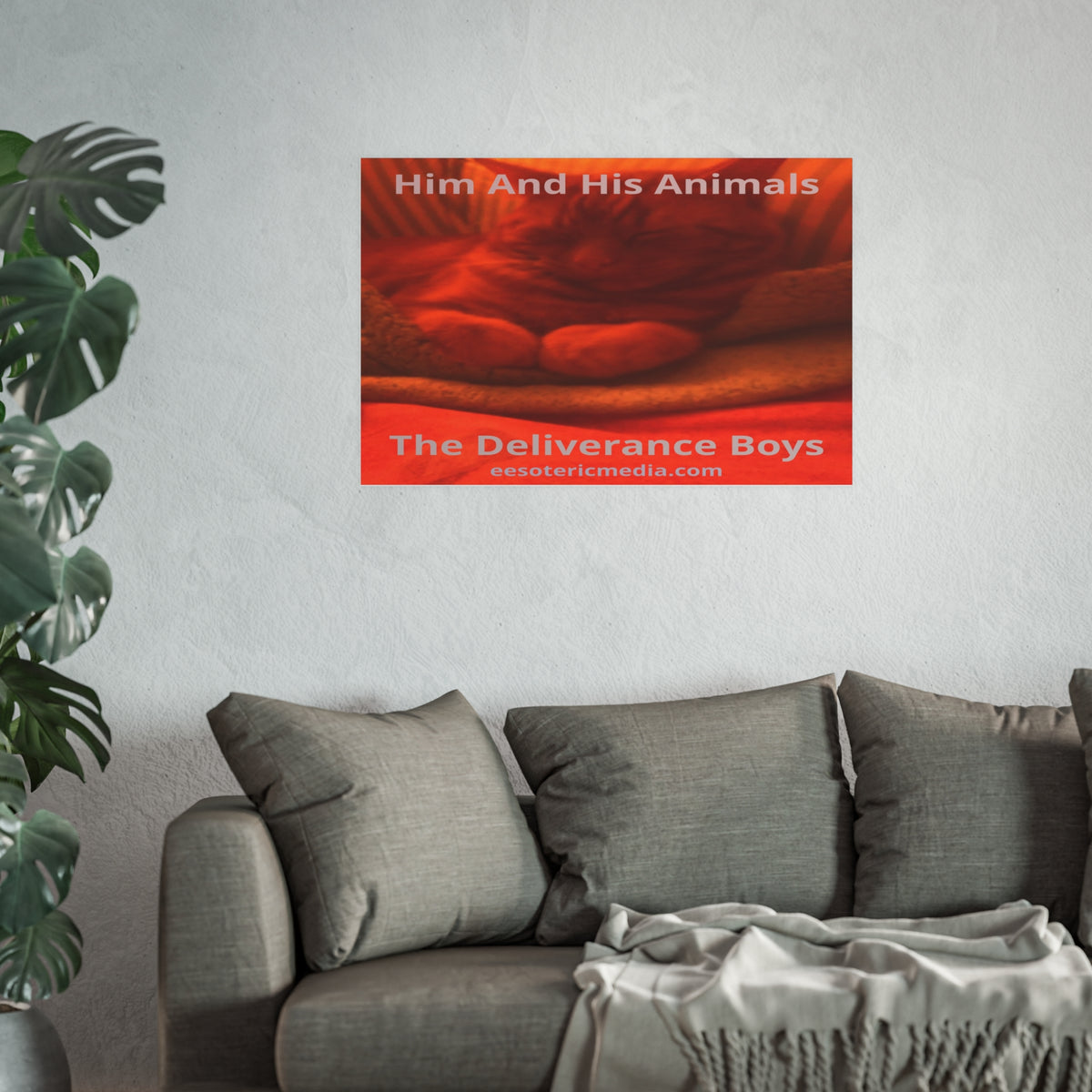 'Him And His Animals' (PersonaU) लाल/नारंगी अतियथार्थवादी बिल्ली का कला प्रिंट 36"x24" (90cm x 60cm)