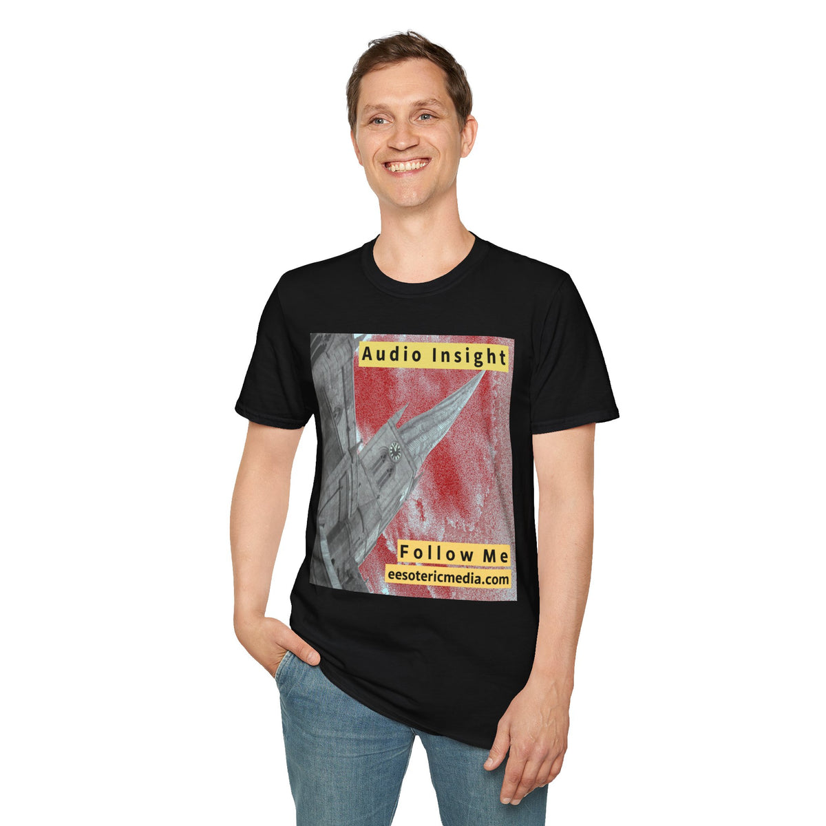 'Follow Me' (Audio Insight) Weathered Rocket-Shaped Spire Design Softstyle T-Shirt