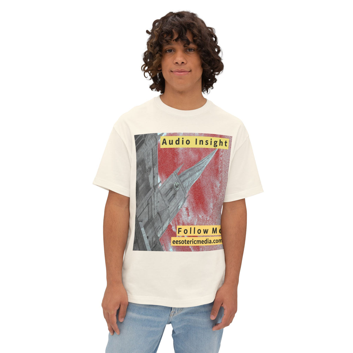 'Follow Me' (Audio Insight) Weathered Rocket-Shaped Spire Design Oversize Boxy T-Shirt