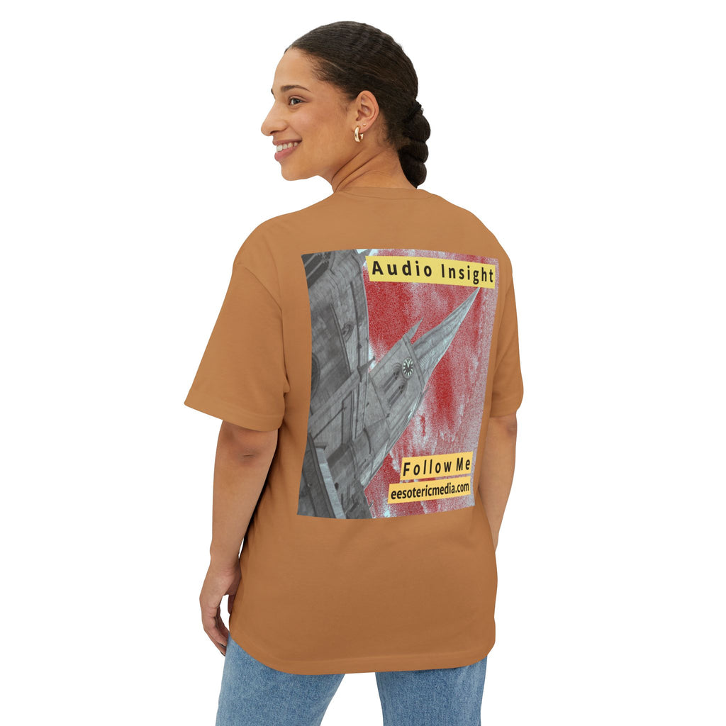 'Follow Me' (Audio Insight) Weathered Rocket-Shaped Spire Design Oversize Boxy T-Shirt
