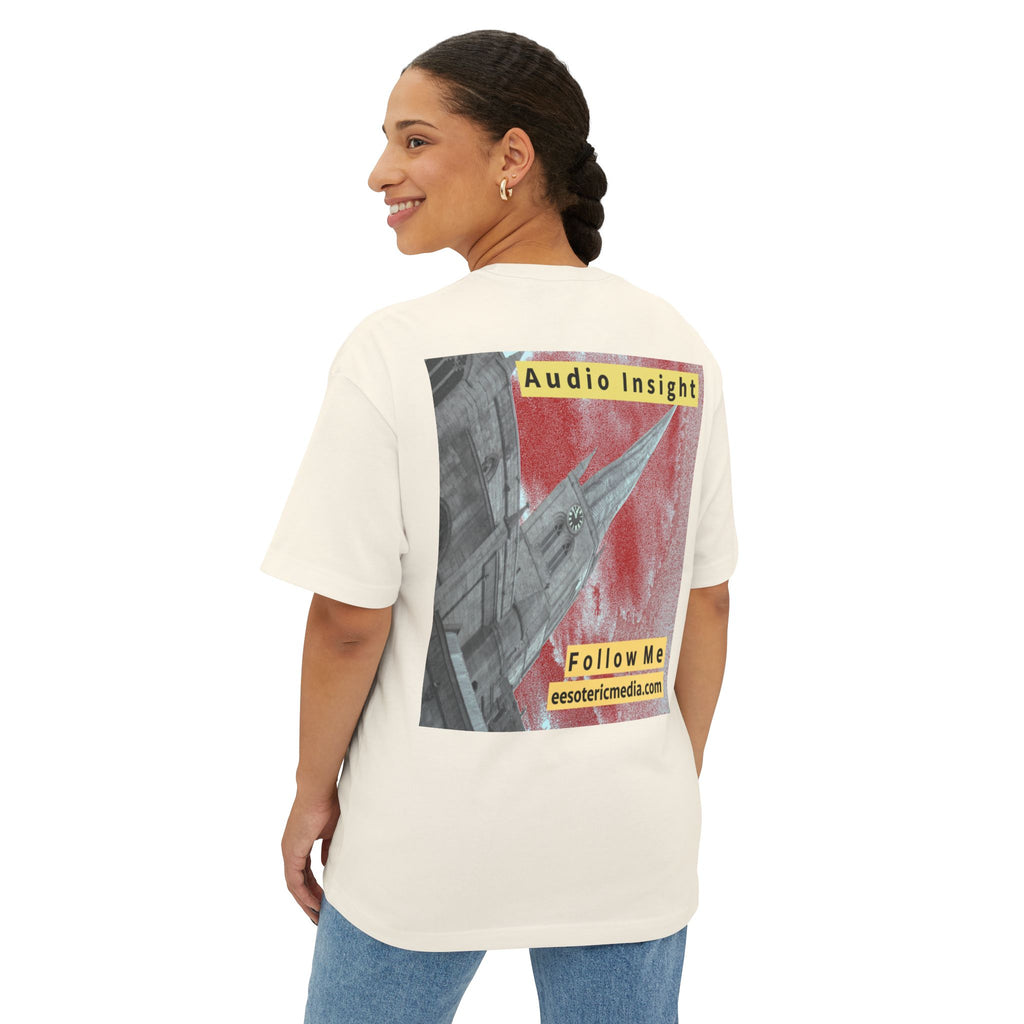 'Follow Me' (Audio Insight) Weathered Rocket-Shaped Spire Design Oversize Boxy T-Shirt
