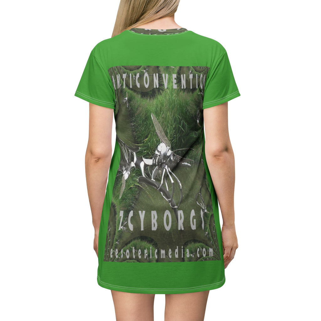 'Anticonvention' (7Cyborgs) Futuristic Dragonfly Graphic Green T-Dress