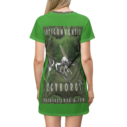 'Anticonvention' (7Cyborgs) Futuristic Dragonfly Graphic Green T-Dress