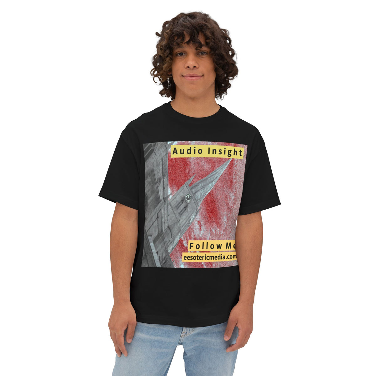 'Follow Me' (Audio Insight) Weathered Rocket-Shaped Spire Design Oversize Boxy T-Shirt